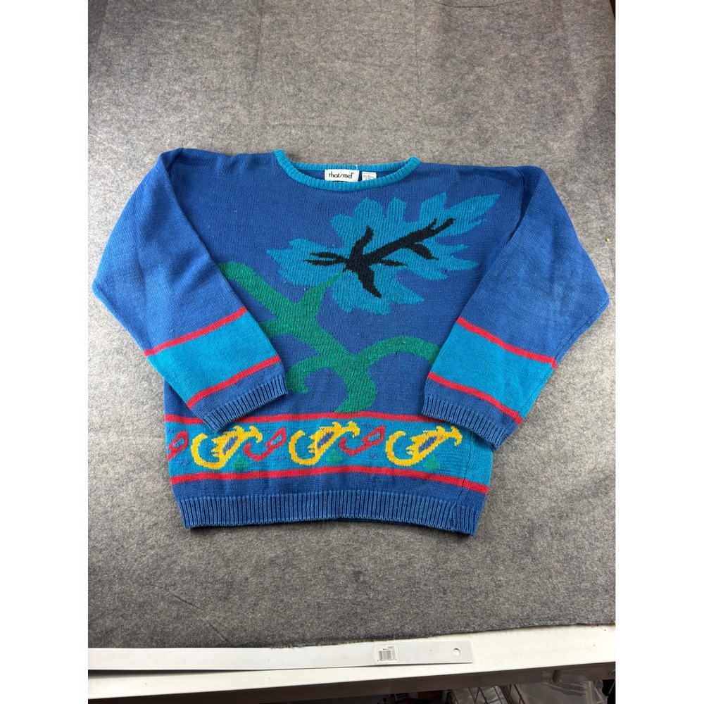 VTG That's Me! Abstract Floral Knit Sweater Blue Ramie Cotton Blend Funky Prep L